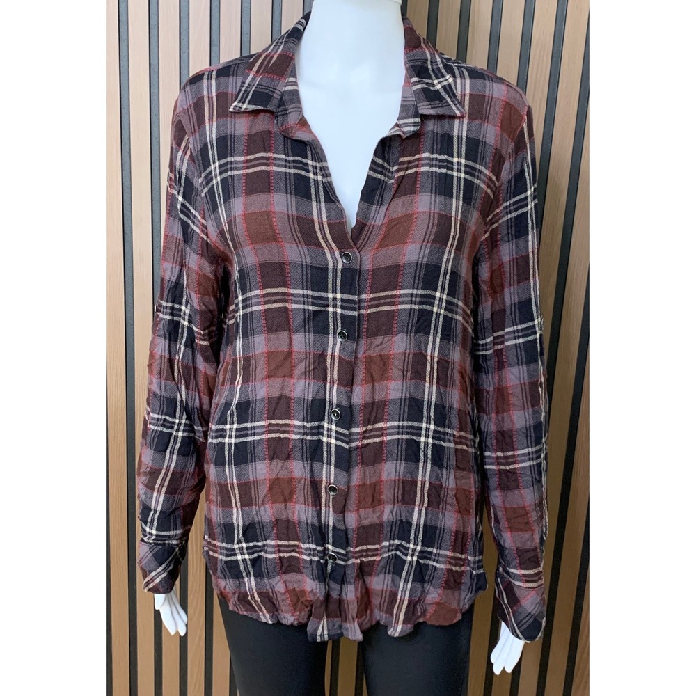 Bella Dahl Plaid Button Down Shirt B1587-661 Burgundy Navy Wool Blend Women's M